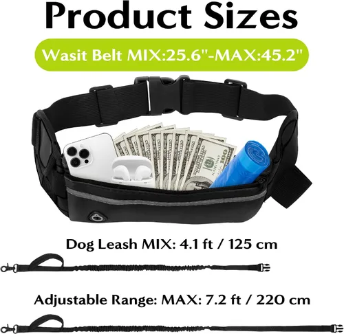 Vista 2 de Correa de perro manos libres, correas para correr en la cintura con bolsa con cremallera, cinturón reflectante ajustable, mango doble, elástico