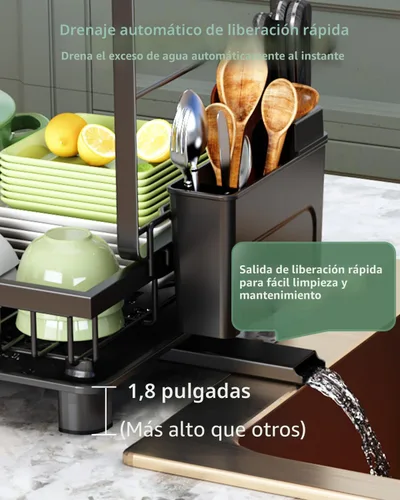 Vista 5 de Escurridor de platos, escurridor de 2 niveles que ahorra espacio, escurridor de platos multifuncional para encimera de cocina con bandeja
