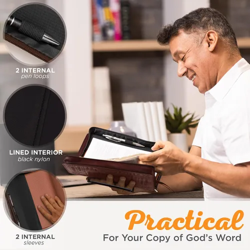 Vista 4 de Christian Art Gifts Funda clásica para biblia para hombres, nombres de Dios, Éxodo 34:6, cuero sintético marrón, mediano