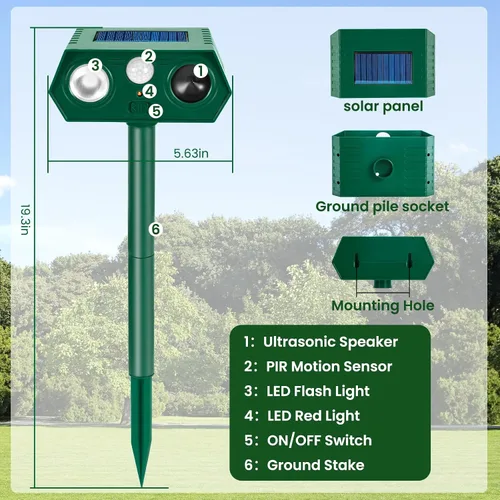 Vista 8 de Repelente solar ultrasónico de animales, paquete de 2 dispositivos ultrasónicos repelentes de ciervos con sensor de movimiento PIR y luces LED