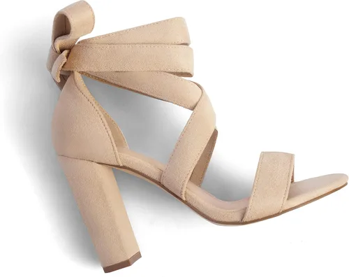 Vista 6 de Tacones de tiras para mujer Tacones gruesos Sandalias de tacón alto con cordones de moda Sandalias de tacón de bloque desnudo con cordones Sandalias
