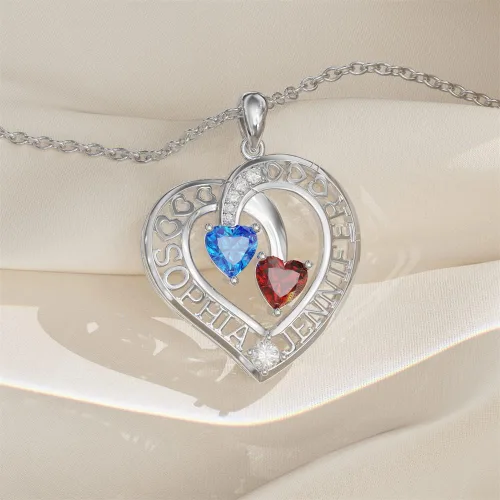 Vista 5 de GLAMCARAT Joyería personalizada grabada en 3D, collar de madre con 2 piedras de nacimiento, 2 nombres de niños, joyería familiar, collar de nombre