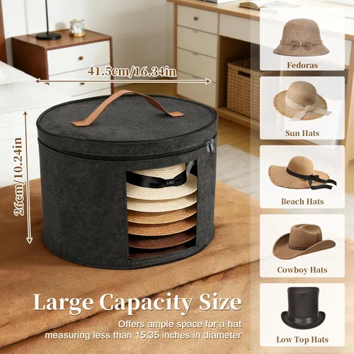 Vista 2 de Cajas de almacenamiento para sombreros para mujeres y hombres, caja redonda de almacenamiento de sombreros de fieltro para armario, vaquero, borde