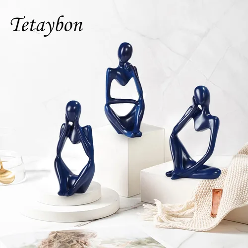 Vista 6 de Decoración de baño azul de 3 piezas pequeñas decoraciones para estantes, estatuas de pensador de resina, esculturas, decoración del hogar