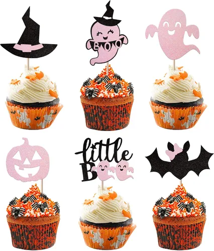 Vista 21 de Paquete de 24 adornos para cupcakes de Halloween con purpurina rosa, fantasma, pequeño abucheo, murciélago, bruja, gato, calabaza, magdalena