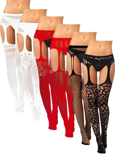 Vista 20 de Skylety 6 pares de medias de red para mujer, medias altas hasta el muslo, medias con tirantes para mujeres y niñas