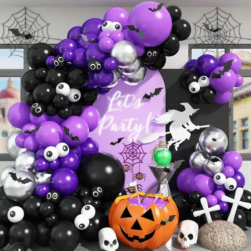 Vista 17 de Kit de Guirnalda de Arco de Globos de Halloween, 126 Piezas, Globos Negros y Naranjas con Globos de Calabaza BOO, Murciélagos de Aluminio, Globos