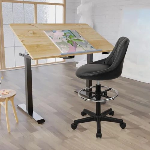 Vista 9 de KLASIKA Silla de dibujo con respaldo, taburete giratorio de cuero sintético ajustable en altura con anillo para el pie, silla de oficina ergonómica