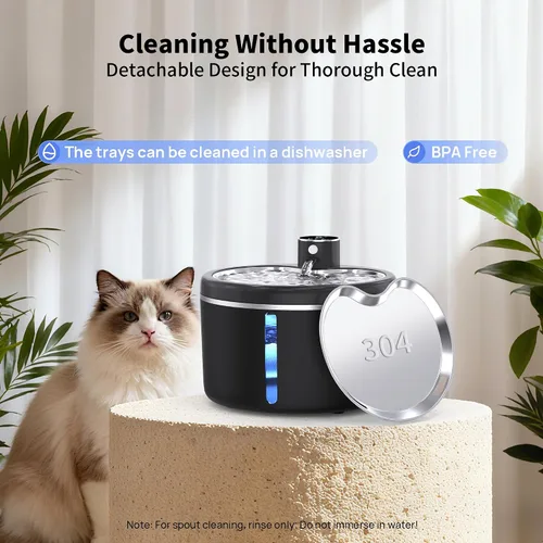 Vista 8 de Fuente de agua para gatos inalámbrica, 108 oz/3L, fuentes para mascotas para gatos de interior con bandeja de acero inoxidable, fuente de agua