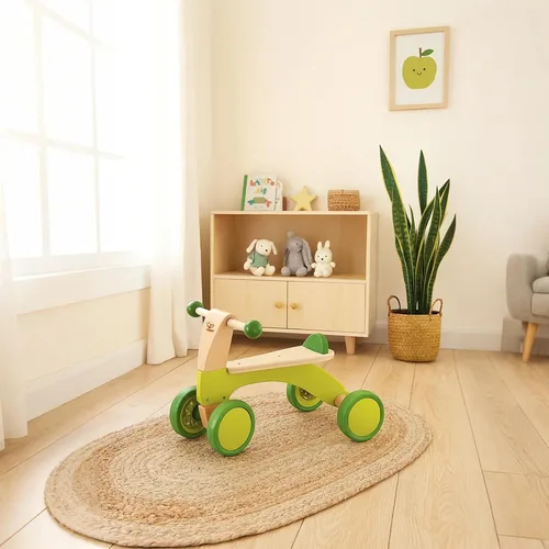 Vista 6 de Hape Scoot Around Ride On Bicicleta de madera Juguete galardonado de cuatro ruedas de madera para niños pequeños con ruedas de goma, verde