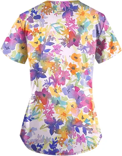 Vista 2 de Ropa quirúrgica para mujer, con estampado de uniforme de trabajo, cuello en V, manga corta, divertida, con bolsillos dobles