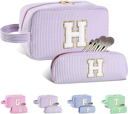 Vista 65 de Bolsa de maquillaje personalizada con inicial A-Z para mujeres, niñas y niños, bolsa de aseo de viaje, bolsa de maquillaje preparada, bolsa