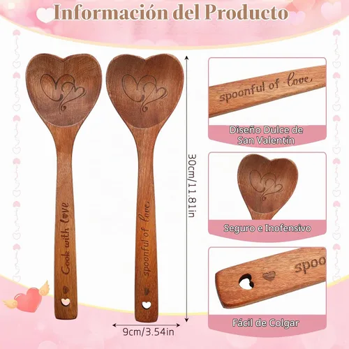 Vista 2 de Soaoo 2 cucharas de madera en forma de corazón para el día de San Valentín, cucharas de cocina para cocina, mamá, esposa, fiesta temática de San