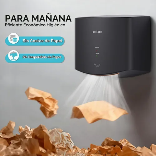 Vista 3 de Secador de manos compacto del limpiaparabrisas del aire de AIKE para los baños, modelo AK2630S de 110V negro Blade Air 15S Dry Time, 1400W High