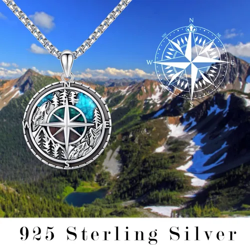 Vista 7 de YueYuan Collar de montaña de plata de ley 925 con colgante de montaña, collar de lobobrújula, joyería de montaña, regalos para esquiadores