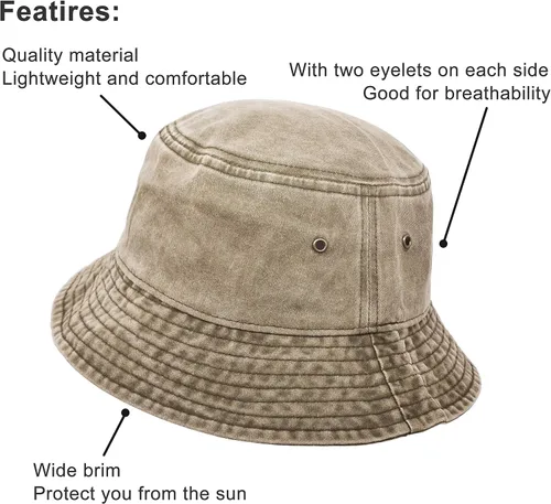 Vista 3 de Sombrero de pescador, ala ancha de algodón lavado de algodón para exteriores, gorra plana para pesca, senderismo, playa, deportes