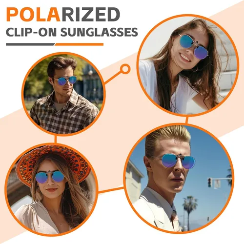 Vista 6 de JO Gafas de sol polarizadas con clip UV400 lentes antirreflejos con marco de metal redondo Azul