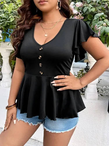 Vista 3 de SOLY HUX Peplum Tops para mujer, talla grande, sexy, blusas de verano 2023, camisetas con volantes, camisetas casuales elásticas con cuello en V