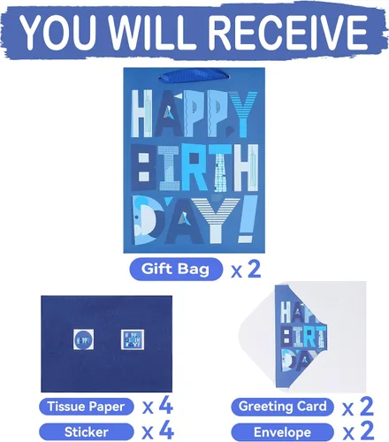 Vista 3 de Paquete de 2 bolsas de regalo azules medianas de 10.6 pulgadas con tarjeta de felicitación y papeles de seda (feliz cumpleaños azul) para fiestas