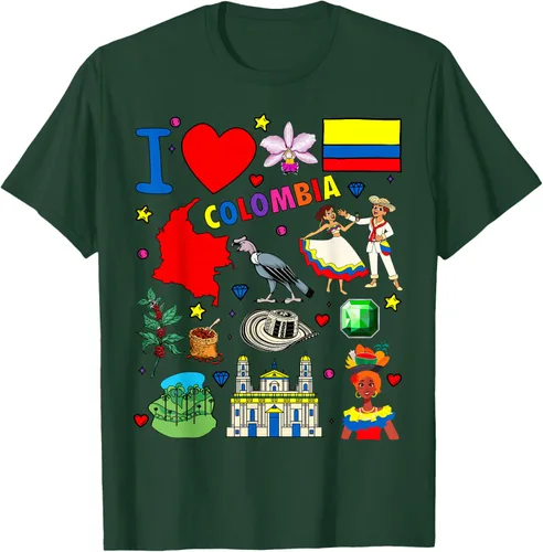 Vista 53 de Camiseta con diseño de bandera y mapa de I Love Colombia dibujada a mano