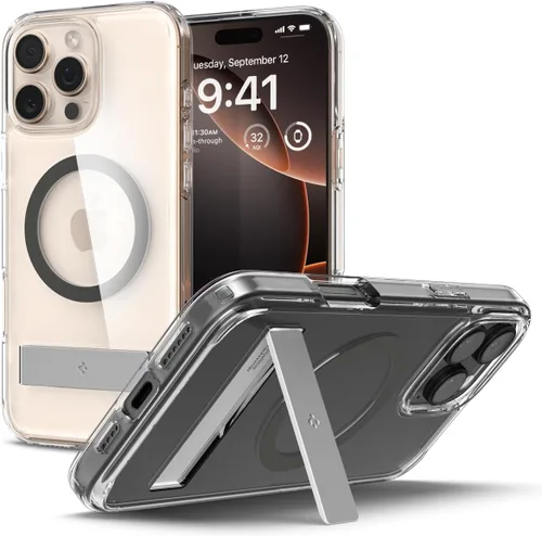 Vista 15 de Spigen Funda ultra híbrida S MagFit diseñada para iPhone 15 Pro Max (2023) [Kickstand] [Anti amarillamiento], compatible con MagSafe, transparente