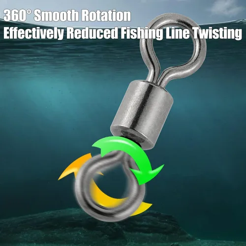 Vista 2 de Dr.Fish Paquete de 50 anillos giratorios de pesca con mosca, anillos sólidos de alta resistencia, conectores de línea de gancho, accesorios de pesca