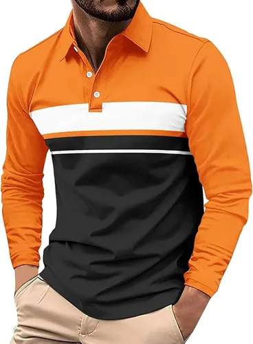 Vista 11 de Polo para hombre, manga larga, ajustado, a rayas, con cuello, talla grande, para golf y otoño