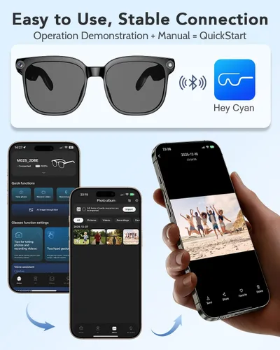 Vista 6 de CJkao Lentes inteligentes con cámara, música y llamadas Bluetooth, gafas de cámara HD de 800 W, grabación de video 1080P, control de asistente