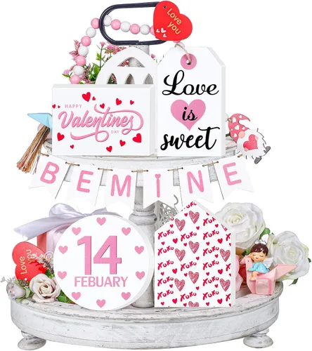 Vista 9 de 10 piezas de decoración de bandeja escalonada de gnomo de San Valentín (bandeja no incluida), en forma de corazón de madera de San Valentín