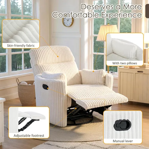 Vista 12 de Mecedoras cómodas con respaldo alto 360 giratorias, mecedoras reclinables con 2 almohadas, silla reclinable para adultos, espacios pequeños Beige