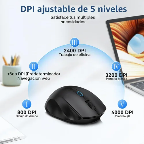 Vista 4 de TECKNET Ratón inalámbrico para computadora portátil, ratón inalámbrico Negro