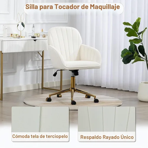 Vista 3 de Silla de tocador de terciopelo con ruedas y base dorada, 330 libras Beige