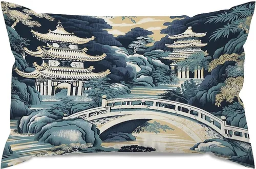 Vista 35 de Chinoiserie - Fundas de almohada decorativas de porcelana azul y blanca con patrón de edificios de estilo chino de 12 x 20 pulgadas, fundas de cojín