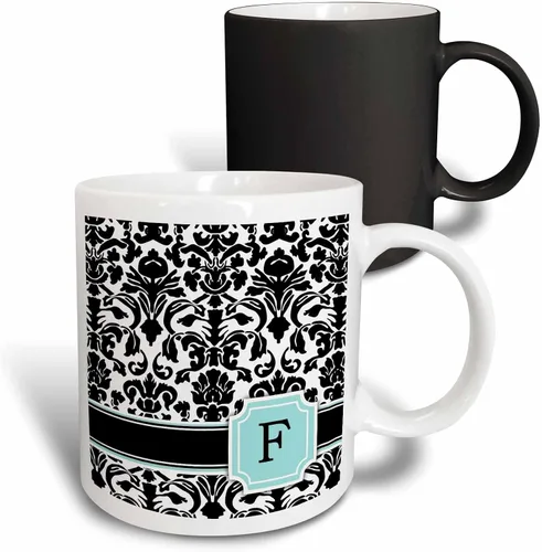 Vista 7 de 3dRose Letter F personal monogrammed mint blue black and white damask pattern - classy personalized initial 11oz Two-Tone Blue Mug