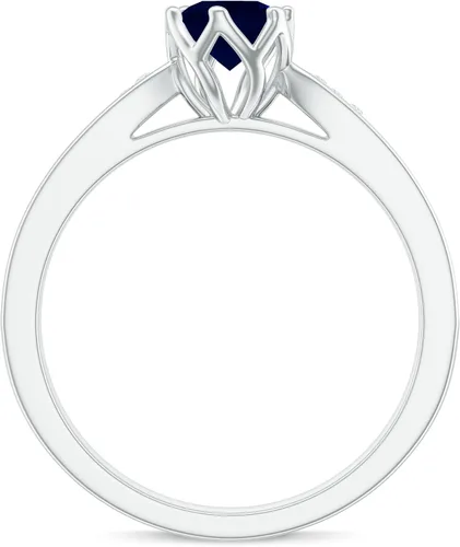 Vista 17 de Anillo de compromiso con solitario mínimo de zafiro azul, redondo de 0.197 in, calidad AAA, joyería inspirada en flores para mujer