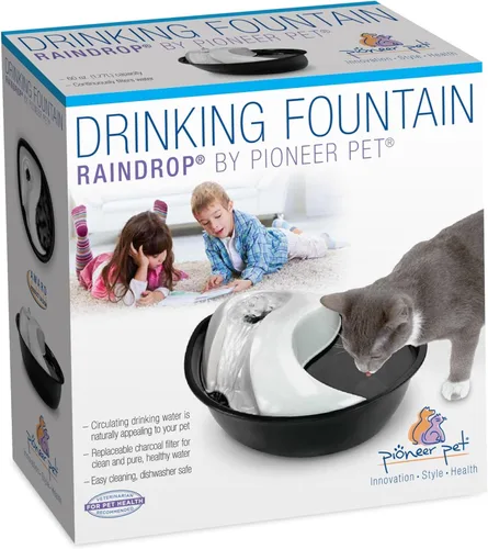 Vista 2 de Pioneer Pet Fuente de gotas de lluvia, fuentes para beber para mascotas (60 onzas, plástico, blanco y negro)
