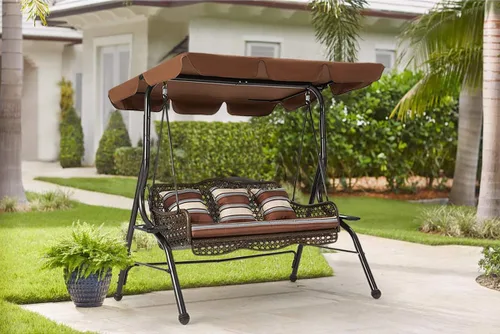 Vista 8 de AECOJOY Silla columpio de 3 asientos, columpio de patio con toldo, 2 bandejas laterales, 3 almohadas y cojín extraíble, columpio de mimbre