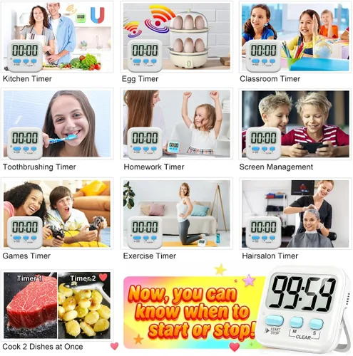 Vista 7 de Antonki Paquete de 2 temporizadores digitales para niños, temporizadores de cocina magnéticos de cuenta regresiva para cocinar, huevos, aula