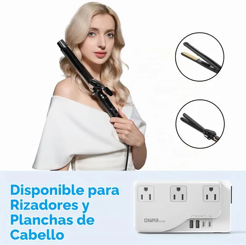 Vista 5 de Convertidor de voltaje de 220 V a 110 V, adaptador de viaje internacional con 4 cargadores USB (2 USB C), 3 enchufes de CA y adaptador de corriente