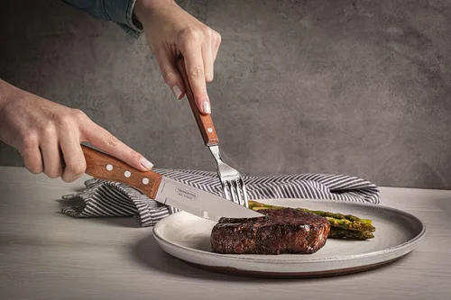 Vista 2 de Tramontina Juego de 4 cuchillos para carne jumbo de 5 pulgadas, cuchillo afilado con mango de madera, camping, cocina, rústico, 22399079