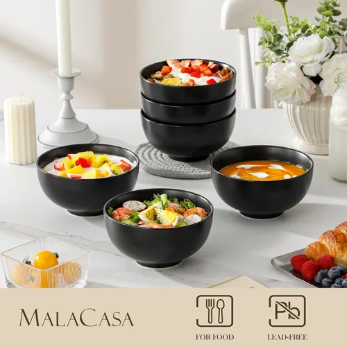 Vista 3 de MALACASA Juego de 6 cuencos de sopa de porcelana de 26 onzas, cuencos de cerámica negra para cocina, cuenco de cereales para avena, fruta, ensalada