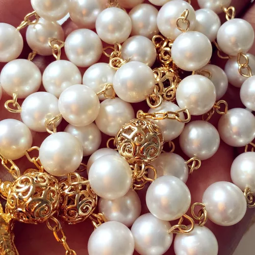 Vista 7 de Collar de cruz de rosario católico de perlas de oro rosa con perlas blancas, elegantmedical