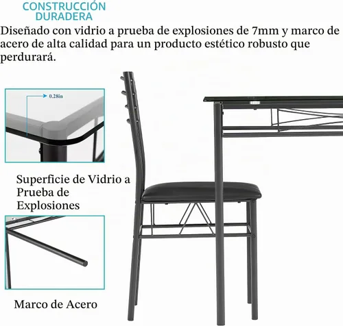 Vista 4 de VECELO Juego de mesa de comedor para 4, mesa de cocina de vidrio de 5 piezas con sillas acolchadas tapizadas para espacios pequeños, rincón
