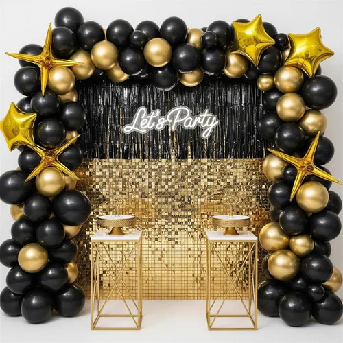 Vista 7 de RUBFAC Globos negros y dorados, decoraciones de graduación 2026, 130 piezas de globos de confeti de metal negro dorado y metálico, kit de arco