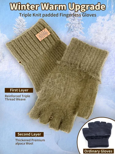 Vista 2 de JYUYNY Guantes de invierno sin dedos para mujeres y hombres, cálidos de lana de alpaca de punto elástico, para clima frío, guantes de medio dedo