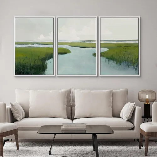 Vista 2 de SIGNWIN Lienzo enmarcado para pared, juego de arte sereno de pantanos con humedales verdes e ilustraciones de agua tranquila, arte moderno