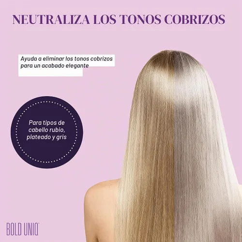 Vista 3 de Bold Uniq Mascarilla morada para el cabello rubio, platino, decolorado, plateado, gris, ceniza y cobrizo. Elimina los tonos amarillos y acondiciona