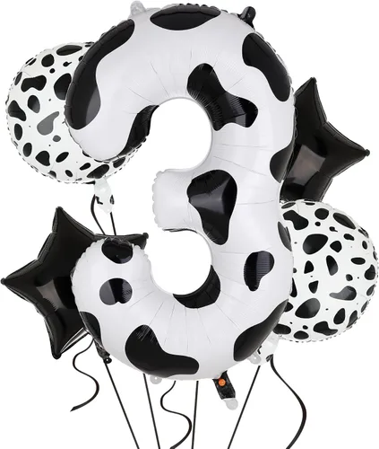 Vista 9 de Globo de 40 pulgadas con estampado de vaca con número 0 globos blancos con estampado de vaca, temática de vaquera, para niños, 10º cumpleaños