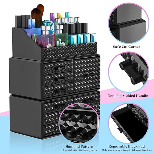 Vista 4 de Paquete de 3 organizadores de maquillaje apilables [actualizados], estuches de almacenamiento de cosméticos acrílicos con 8 cajones organizadores