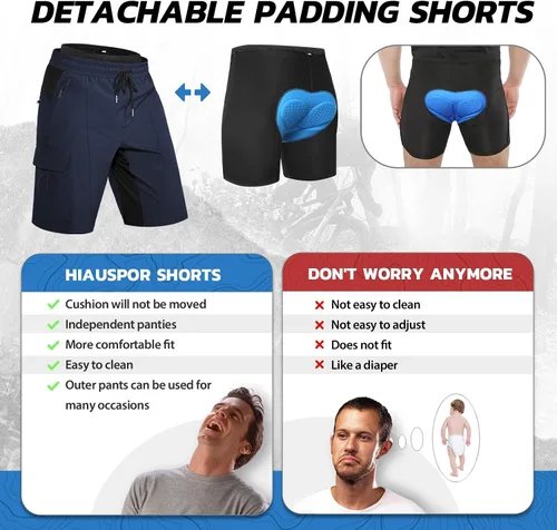 Vista 3 de Hiauspor Pantalones cortos acolchados para bicicleta de montaña para hombre, ajuste holgado, secado rápido, pantalones cortos de ciclismo